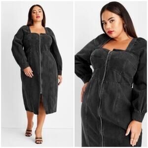 🪴5/$25🪴 Future Collective Black Denim Midi Dress Plus Size 28W 30W Zip Up